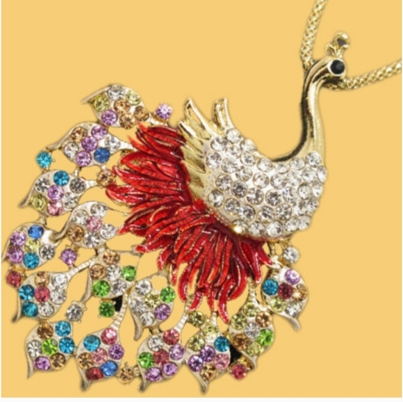 Peacock Necklace Filigree Rhinestone  Crystal Pendant Multicolor Betsey Johnson - Picture 5 of 8